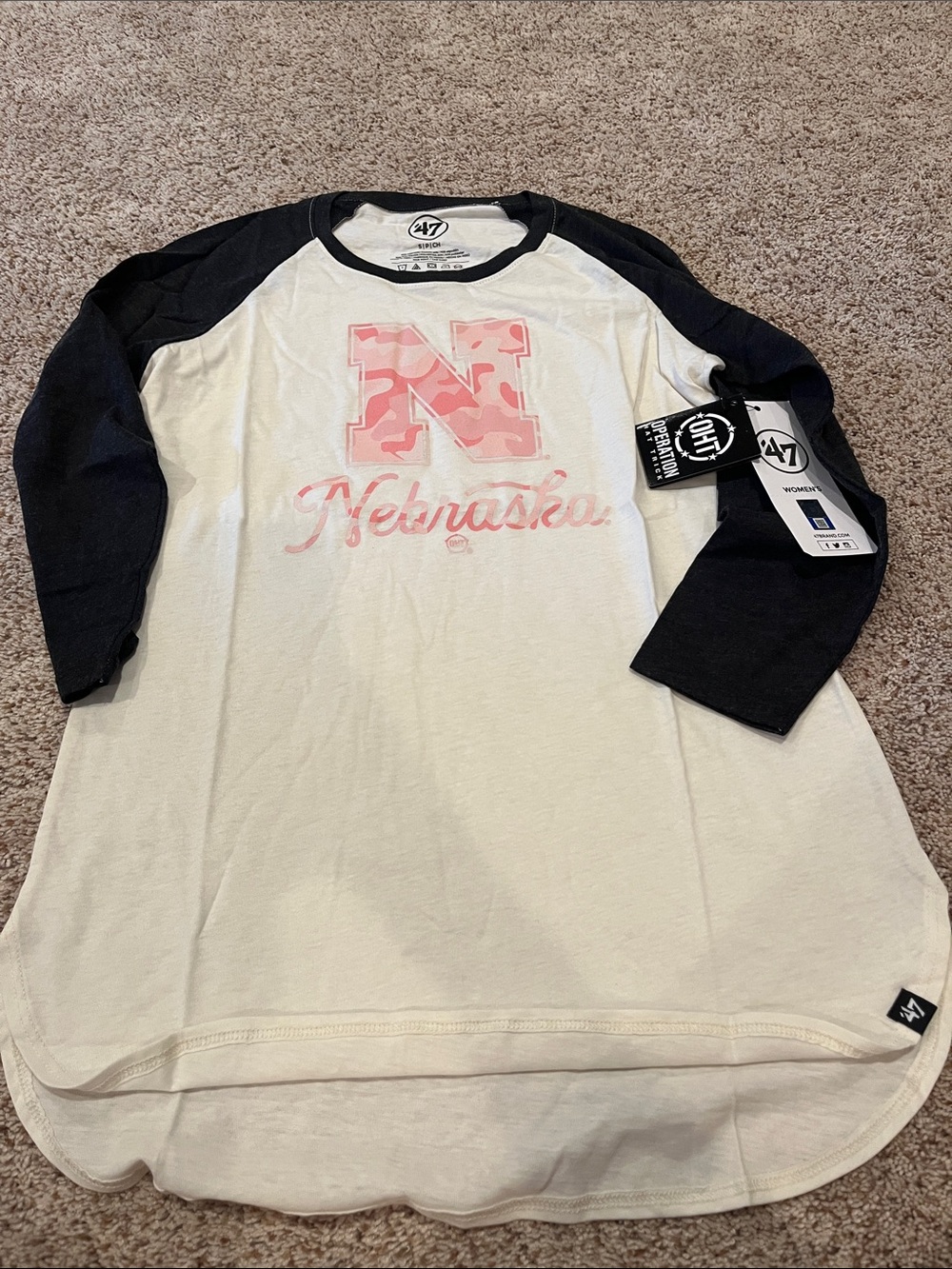 '47 Brand Girls' White and Navy Raglan Long Sleeve Tee with Pink Nebraska Logo